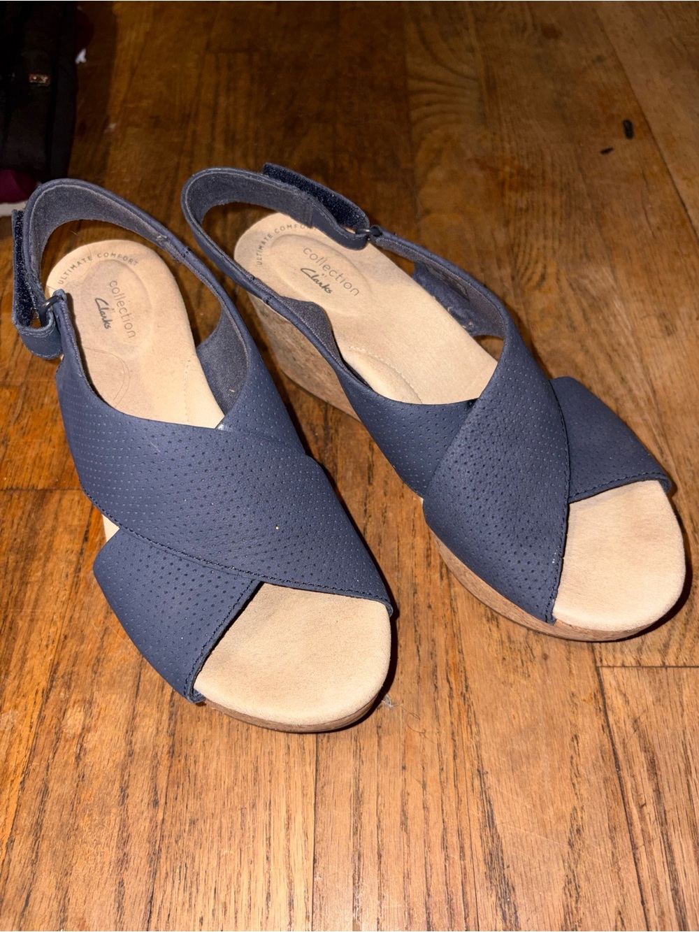 Clarks Navy Blue Crisscross Wedge Slingbacks